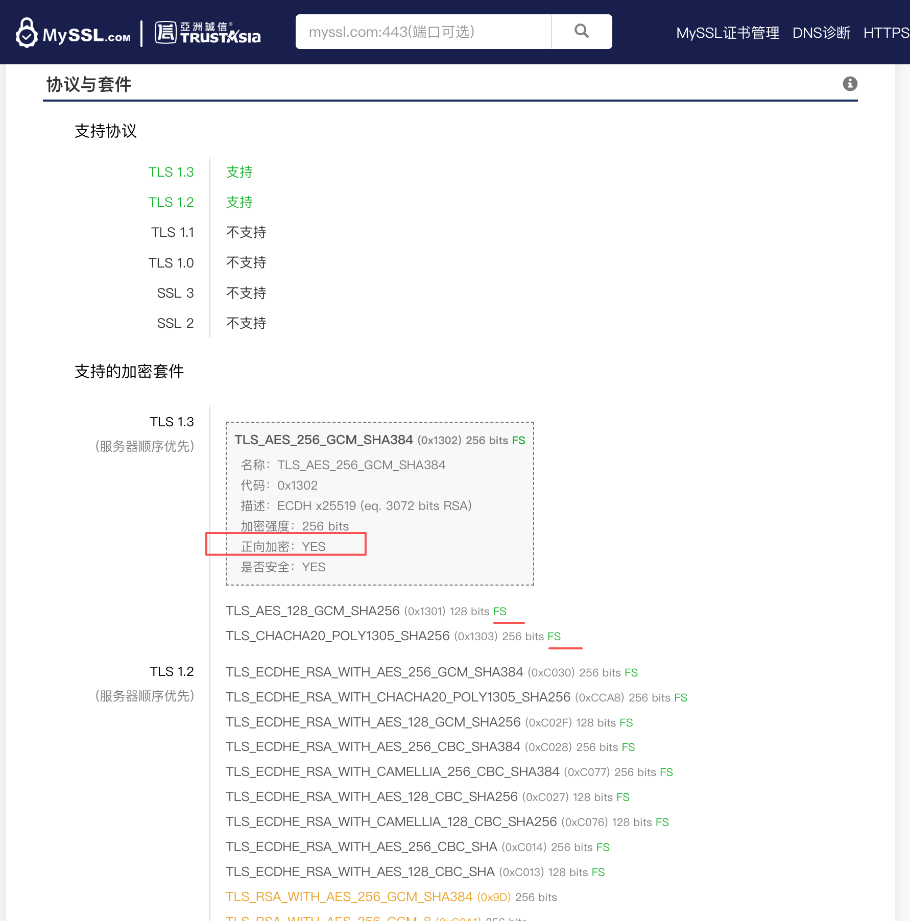 MySSL 协议与套件检测示例：详情显示“正向加密：YES”，多项套件标有 FS，但下方仍存在传统 TLS_RSA 套件