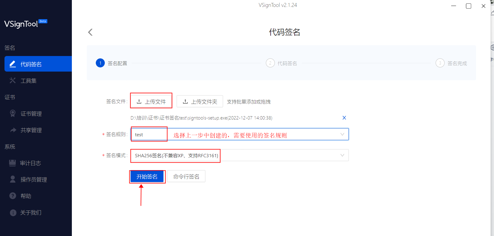 添加待签文件、选择签名规则和 SHA256 签名模式后开始签名